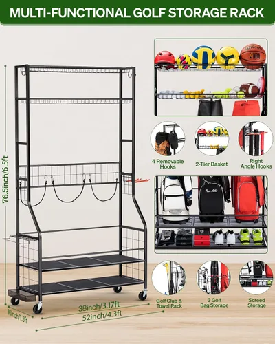 Vista 9 de FHXZH Golf Bags Storage Garage Organizer - Stand for Single Golf Bags, Clubs, and Equipment Accessories with Wheels