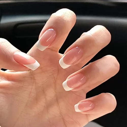 Vista 9 de Uñas postizas a presión de almendra, uñas postizas medianas con diseños de estampado francés de lámina dorada 3D, pegamento dorado Starlight en uñas