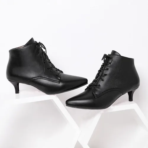 Vista 7 de SEIFIN Botines con cordones para mujer, tacón bajo y medio, con cremallera lateral, botines cortos con puntera puntiaguda