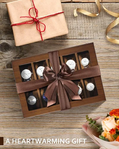 Vista 6 de Uten Caja de reloj con 10 ranuras, organizador de caja de reloj con cerradura dorada y llave, caja de almacenamiento de madera con cojines de reloj