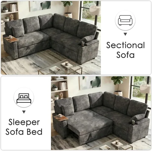 Vista 8 de Sofá modular de 81 pulgadas, sofá cama de 5 plazas en forma de L con cama extraíble, almacenamiento oculto, portavasos y puertos de carga USB, sofás