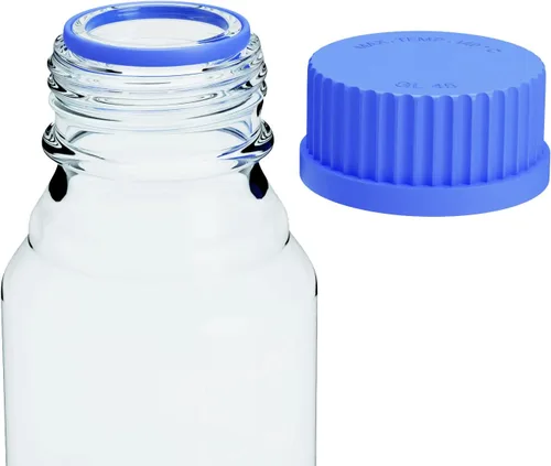 Vista 4 de Botellas de vidrio de borosilicato - 2 botellas redondas de almacenamiento de medios - 8.5 fl oz con tapa de rosca azul GL45
