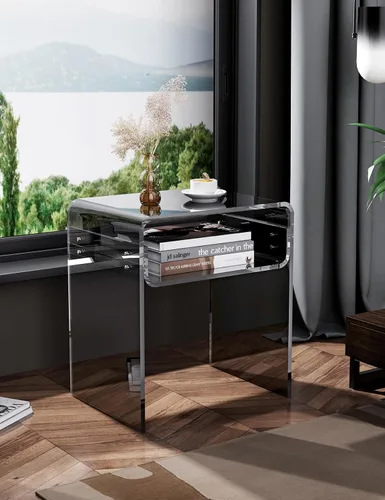 Vista 5 de Mesa auxiliar de acrílico transparente de 2 niveles Mesa de noche para sala de estar, dormitorio, decoración del hogar (Negro)