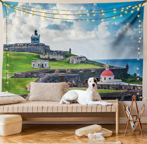 Vista 9 de Lunarable Tapiz de Puerto Rico, histórico Fort San Felipe del Morro, paisaje de América Central y Caribe, decoración de tela para colgar en la pared