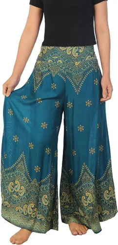 Vista 30 de Lannaclothesdesign Boho Palazzo Pants Women Pavo real colorido negro