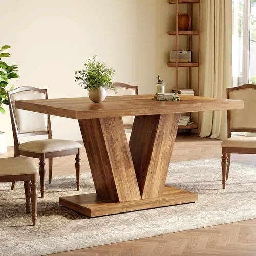 Vista 2 de LITTLE TREE Mesa de comedor de 47 pulgadas para 4, mesas de comedor modernas, mesa de cocina rectangular marrón con pedestal en forma de V, mesa