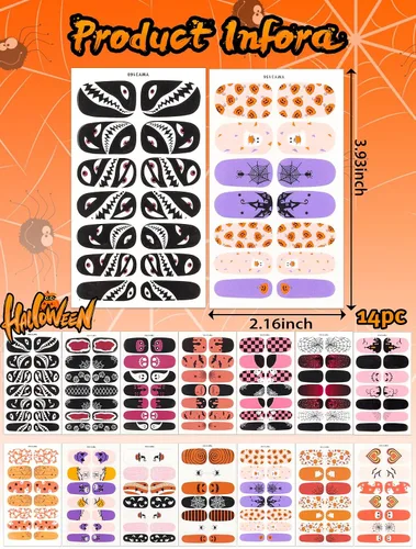Vista 2 de EBANKU 14 calcomanías adhesivas de esmalte de uñas de Halloween, lindos murciélagos fantasmas, telarañas, tiras de uñas de esqueleto, con lima