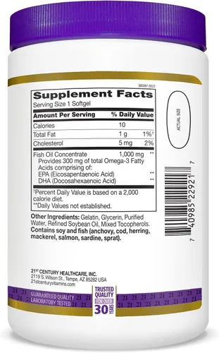 Vista 6 de 21st Century Aceite de pescado 1000 mg cápsulas blandas, 300 unidades Aceite de pescado omega-3 con EPA y DHA, apoyo para la salud cardíaca