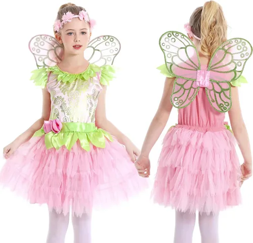 Vista 5 de Disfraz de hada verde para niñas, vestido de princesa de cuento de hadas para Halloween, cosplay con alas
