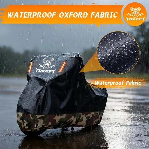 Vista 5 de Funda impermeable para motocicleta, bolsa de almacenamiento para exteriores, hecha de material resistente con agujeros de bloqueo y tira