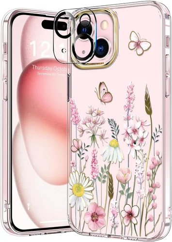 Vista 12 de luolnh Funda compatible con iPhone 15, para mujeres y niñas, a prueba de golpes, transparente, patrón floral, carcasa trasera dura para iPhone 15
