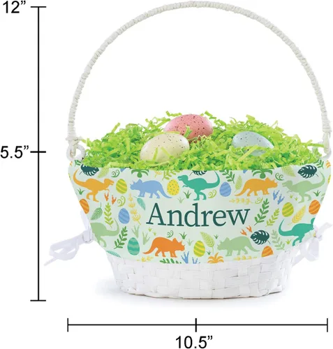 Vista 5 de Cesta de huevo de Pascua personalizada con patrón de dinosaurio con asa y nombre personalizado, forros de canasta de Pascua verdes, canasta blanca