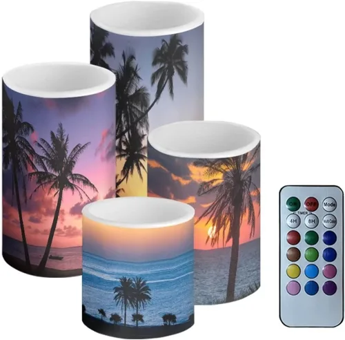 Vista 44 de Velas LED parpadeantes operadas por batería, juego de 4 con control remoto y temporizador, velas de llama danzante, velas de pilar para mesa, Playa