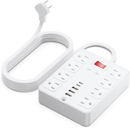 Vista 10 de Tira de alimentación con protector de sobretensiones 13 en 1, enchufe plano, 8 salidas de CA amplias, 3 puertos USB, 1250 W/10 A, cable de extensión