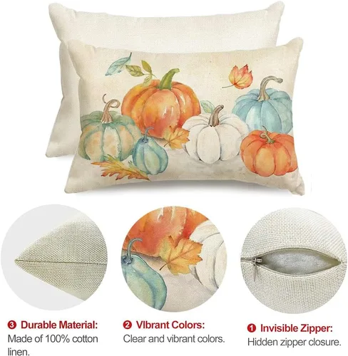 Vista 7 de RABUSOFA Fundas de almohada de otoño de 12 x 20 pulgadas, almohadas decorativas de calabaza naranja, fundas de almohada de otoño para exteriores