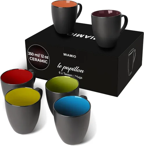 Vista 10 de MIAMIO - Juego de 6 tazas de café de gres 12 onzas/taza - Colección Le Papillon (Negro)