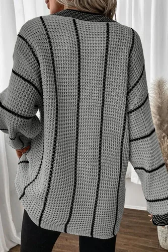 Vista 4 de AlvaQ Women Winter Long Sleeve V Neck Color Block Striped Sweater Casual Oversized Pullover Knitted Jumper Tops