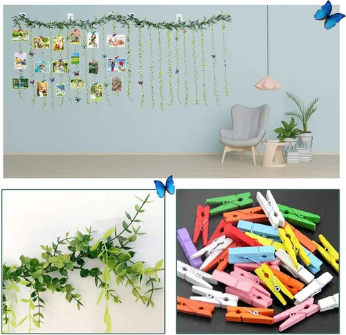 Vista 4 de Expositor de fotos para colgar en la pared con clip, juego de collage de marcos de fotos de hojas de árbol de vid artificiales con 40 clips y 8