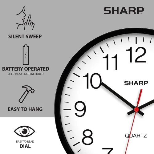 Vista 5 de Sharp Reloj de pared silencioso sin tictac de cuarzo de calidad de 10 pulgadas, funciona con pilas, redondo, fácil de leer para el hogar, cocina