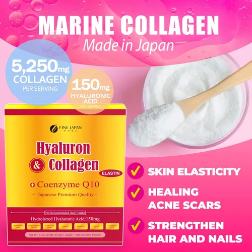 Vista 3 de FINE JAPAN Polvo de colágeno marino prémium con ácido hialurónico, CoQ10 y elastina, sin OMG, 30 porciones (7.4 onzas), fabricado en Japón