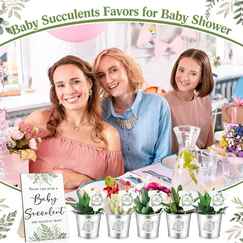 Vista 6 de Fulmoon 151 piezas de regalos de baby shower para invitados incluyen 1 letrero de vegetación, 50 etiquetas de reloj para suculentas, 50 cubos