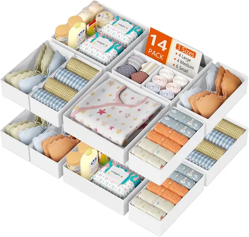 Vista 13 de DIMJ Organizador de cajones para ropa, paquete de 12 unidades, organizadores plegables para bebé, organizador de almacenamiento y cómoda para Beige