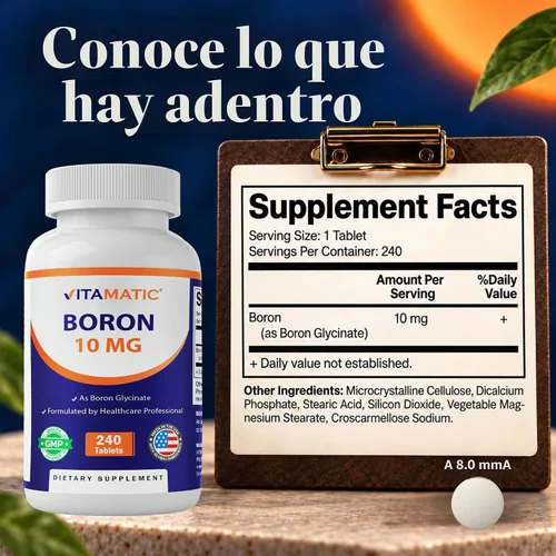 Vista 2 de Vitamatic Boro quelado (como glicinato) 10 mg 240 tabletas - Apoya el equilibrio hormonal, la salud ósea y el tejido conectivo