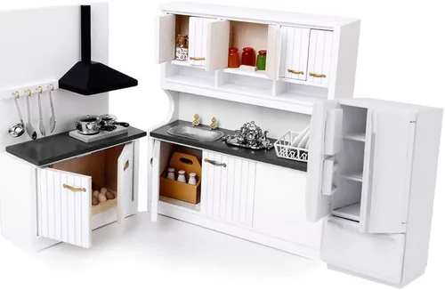 Vista 5 de 1/12 Casa de muñecas en miniatura, muebles de casa de muñecas, nevera blanca de madera, accesorios de decoración de casa de muñecas