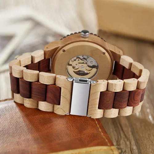 Vista 7 de Dentily Reloj de madera para hombre, triángulo, esqueleto automático, reloj mecánico de madera para hombre