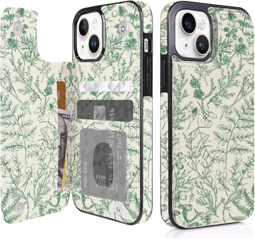 Vista 24 de Funda compatible con iPhone 14/15 con tarjetero y ranuras integradas de piel sintética con función atril y a prueba de golpes para iPhone 14/15