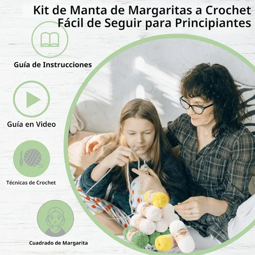 Vista 4 de CSWCS Kit de Manta de Ganchillo para Principiantes, Kit de Manta Tipo Throw de Cuadros Granny de Margaritas para Adultos, Fácil de Aprender a Tejer