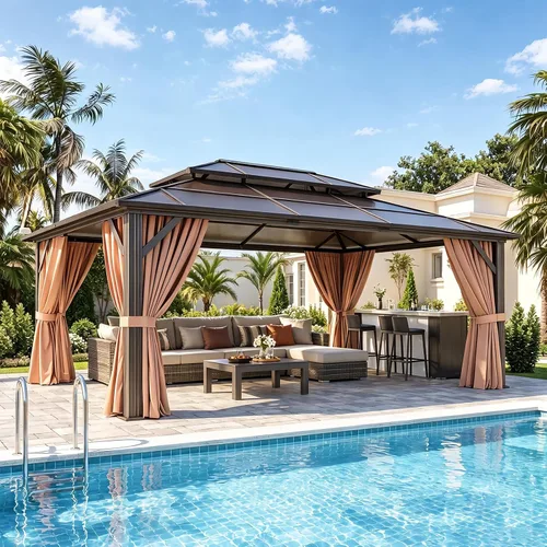 Vista 24 de Aoxun 10'x10' Outdoor Gazebo with Polycarbonate Roof Khaki Single Roof Caqui