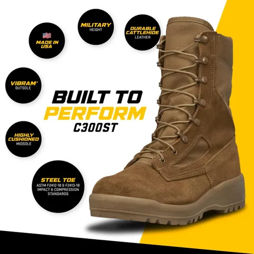 Vista 5 de Belleville C300 ST - Botas de combate con punta de acero para clima caliente de 8 pulgadas para hombres, botas de cuero de ganado marrón coyote