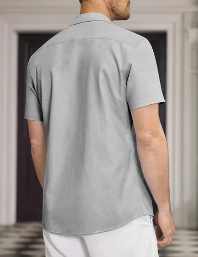 Vista 3 de COOFANDY Camisa de vestir Oxford de manga corta para hombre, camisa de trabajo con botones de cambray, camisas casuales con cuello a cuadros