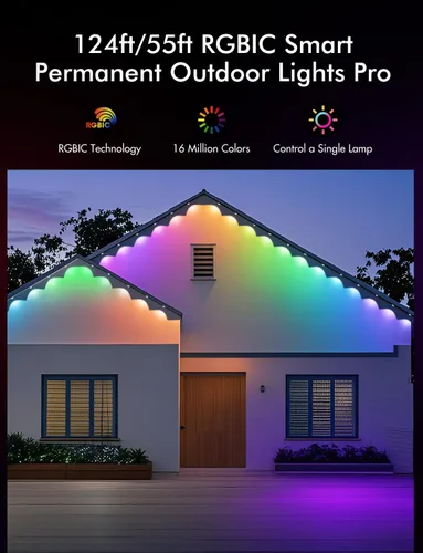 Vista 6 de Smart RGBIC - Luces permanentes para exteriores, 124 pies (72 LED), IP68, impermeables, luces de Navidad que cambian de color con 51 modos festivos