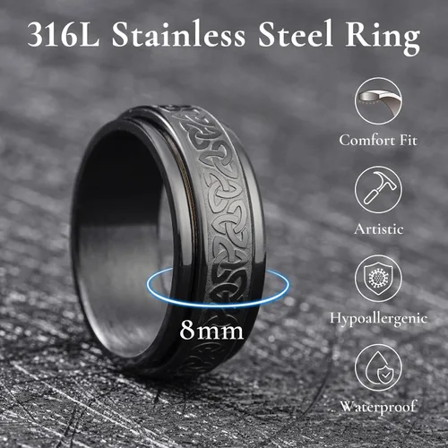 Vista 31 de King Will Anillo giratorio de acero inoxidable 316L para hombres y mujeres, 0.315 in de dragón/nudo celta, anillo para ansiedad para aliviar