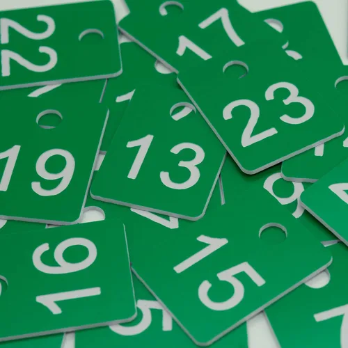 Vista 6 de Etiquetas numéricas de plástico rectangulares StayMax, etiquetas de llave con número, etiquetas de número en disco con agujero (1-50, verde)