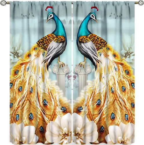 Vista 14 de Cortinas opacas de pavo real, hermoso patrón de estampado de flores de pavo real azul, estampado de mariposas y pavo real, juego de 2 paneles