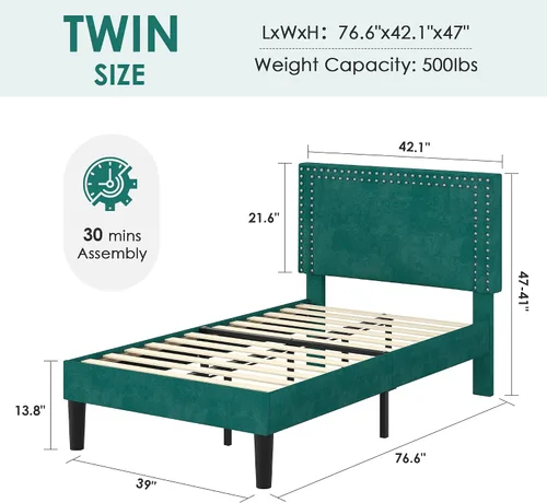 Vista 131 de VECELO Base de cama de plataforma de tamaño individual con cabecera tapizada de altura ajustable, base de colchón moderna, soporte de listones