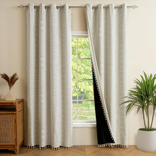 Vista 14 de Cortinas Boho ColorBird Beige Crema opacas, 2 paneles de 63 pulgadas de largo, tratamiento para ventanas con aislamiento térmico, estampado