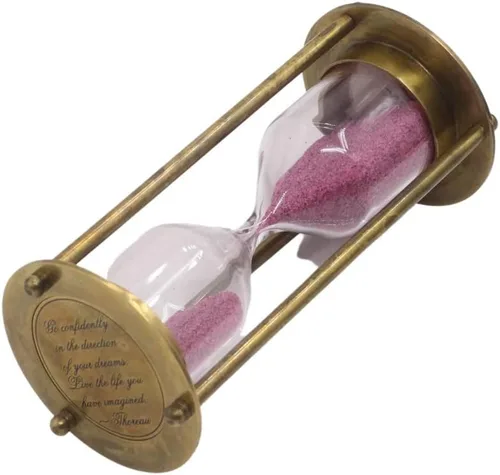 Vista 6 de Reloj de arena de latón con cita inspiradora de Thoreau Temporizador de arena atemporal con funda de cuero de primera calidad Elegante