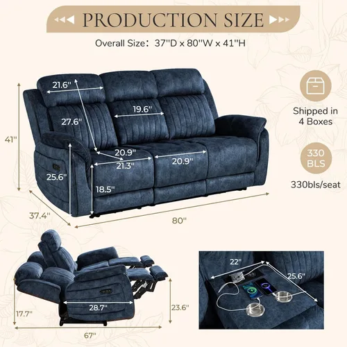 Vista 2 de Sofá reclinable eléctrico con gravedad cero, sillón reclinable eléctrico con reposacabezas ajustable, carga inalámbrica, puertos USB/C, sofá Azul