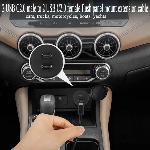 Vista 3 de QIANRENON 2 USB C roscado montaje empotrado cable impermeable doble USB C 2.0 macho a hembra montaje en tablero de coche cable de extensión