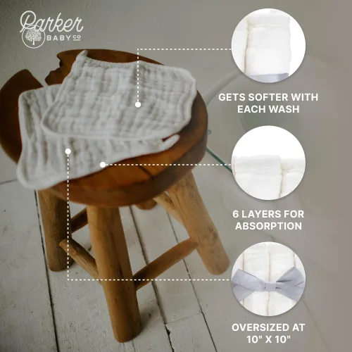 Vista 4 de Parker Baby Co. - Paños de muselina 100% algodón para bebé, paquete de 6, color blanco Paños de lavado suaves y absorbentes para baños de recién