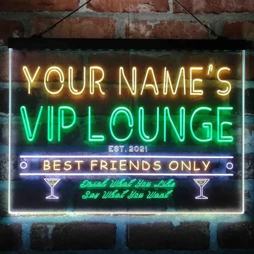Vista 14 de Letrero de luz de neón LED tricolor personalizado VIP Lounge Bar Personalizar Nombre Fecha Texto Cita Fuente Verde y Rojo y Amarillo 13 x 8.7