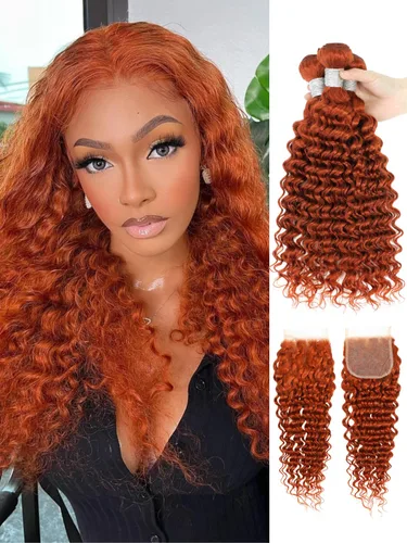 Vista 57 de Cabello Humano Rizado Castaño Rojizo, Trama Gruesa Castaño Cobrizo Rojo Coloreado Ondas Profundas Paquetes Individuales Cabello Humano 12A Tejido