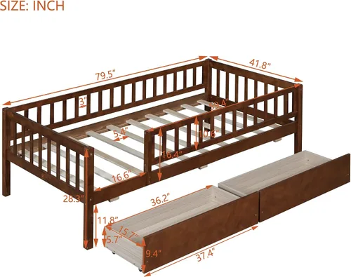 Vista 2 de Harper & Bright Designs Sofá cama de tamaño individual con dos cajones, marco de cama de madera con plataforma individual para niños con Nogal