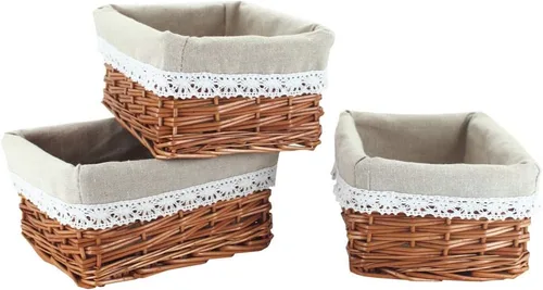 Vista 2 de KINGWILLOW Cesta de almacenamiento de mimbre con forro, 3 unidades, cesta rectangular hecha a mano de sauce pequeña para artículos diversos