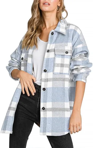 Vista 14 de Beaully Chaqueta-Camisa de Franela a Cuadros para Mujer, Trajes de Otoño 2025, Camisa de Manga Larga con Botones, Chaqueta Abrigo con Bolsillos Negro