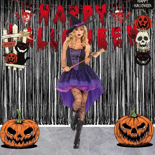 Vista 9 de Cortina de flecos de papel de aluminio para decoración de fiesta de Halloween, telón de fondo de fotos de oropel negro puro, cortinas de vapor